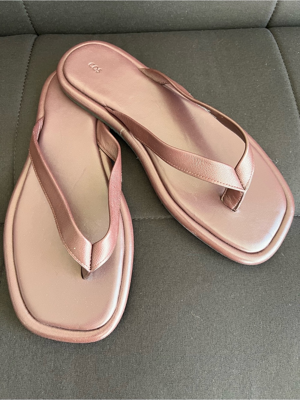 COS Metallic Rose Leather Square-Toe Flip Flop Sandals
